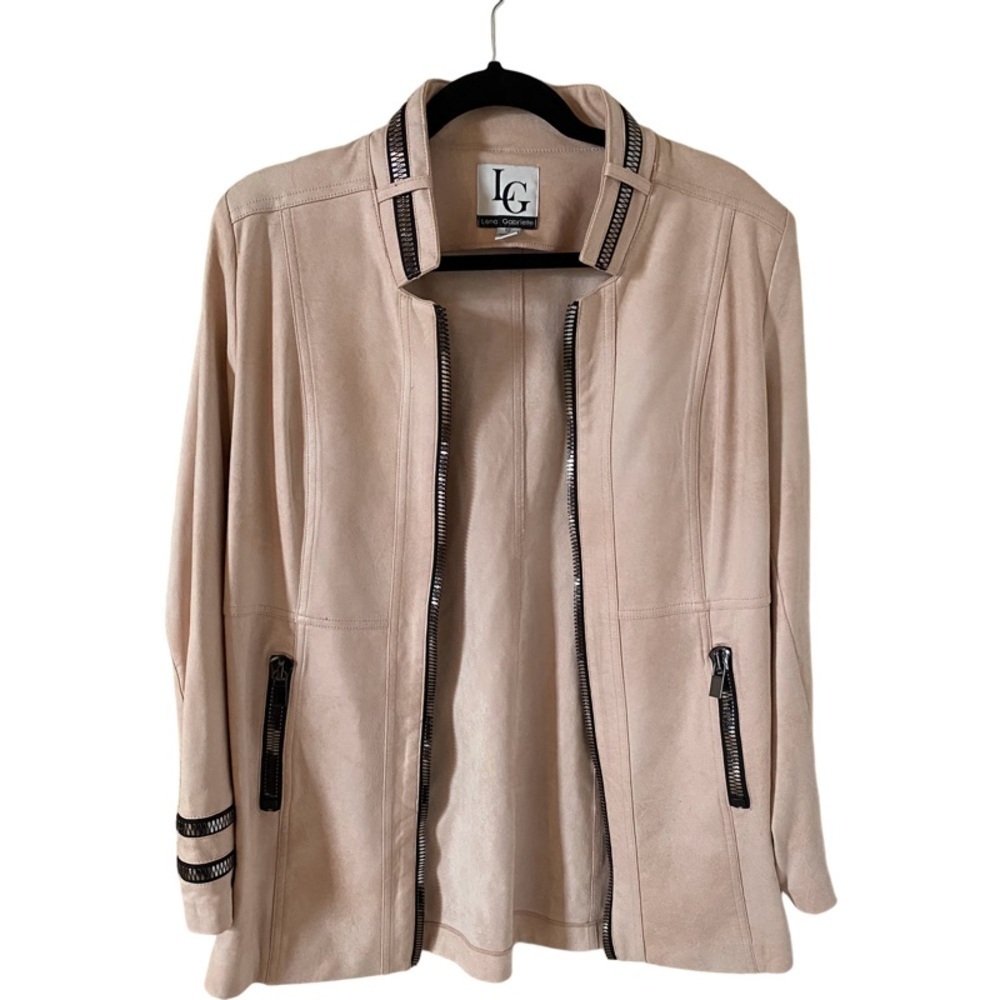 Lena Gabrielle open front dusty pink faux leather jacket.Sz 12. Silver hardware